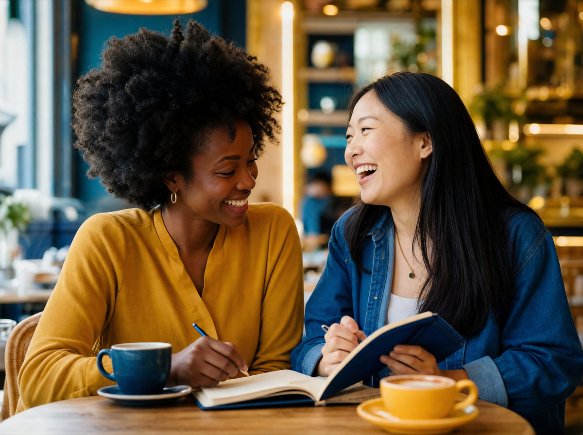 Two friends practicing a language together at a cafe