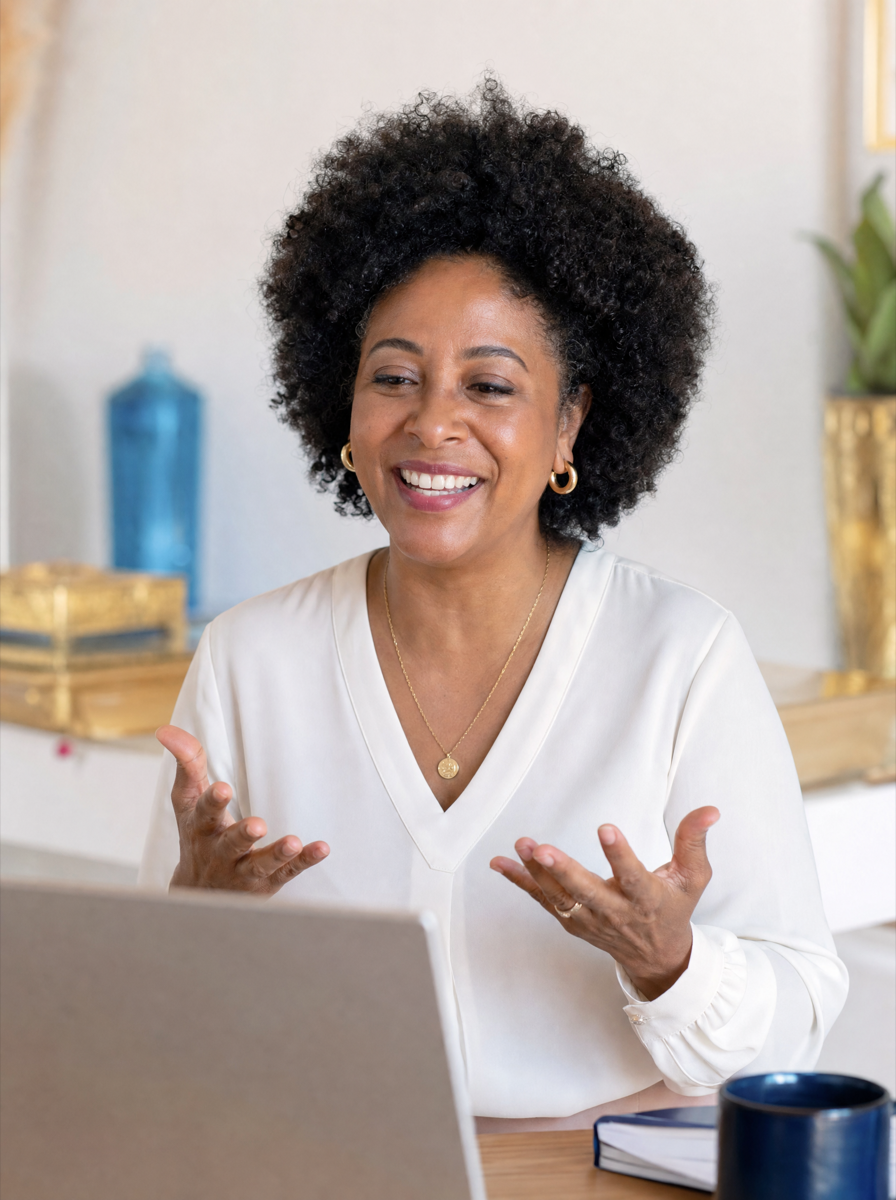 A woman practicing speaking at her laptop